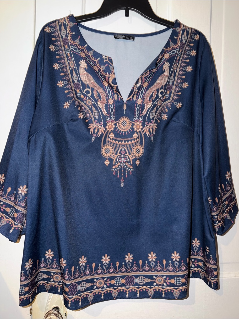 Womens Navy Non-Embroidered V-Neck Tunic Top